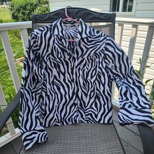 New Directions Black and White Zebra Button-Down Denim Jacket